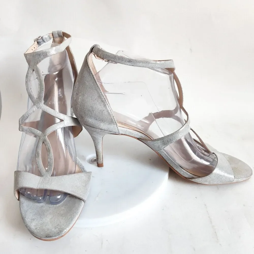 New Vince Camuto Sandals Size 10‎ Leather Silver Formal Strappy Heels Payto Gala